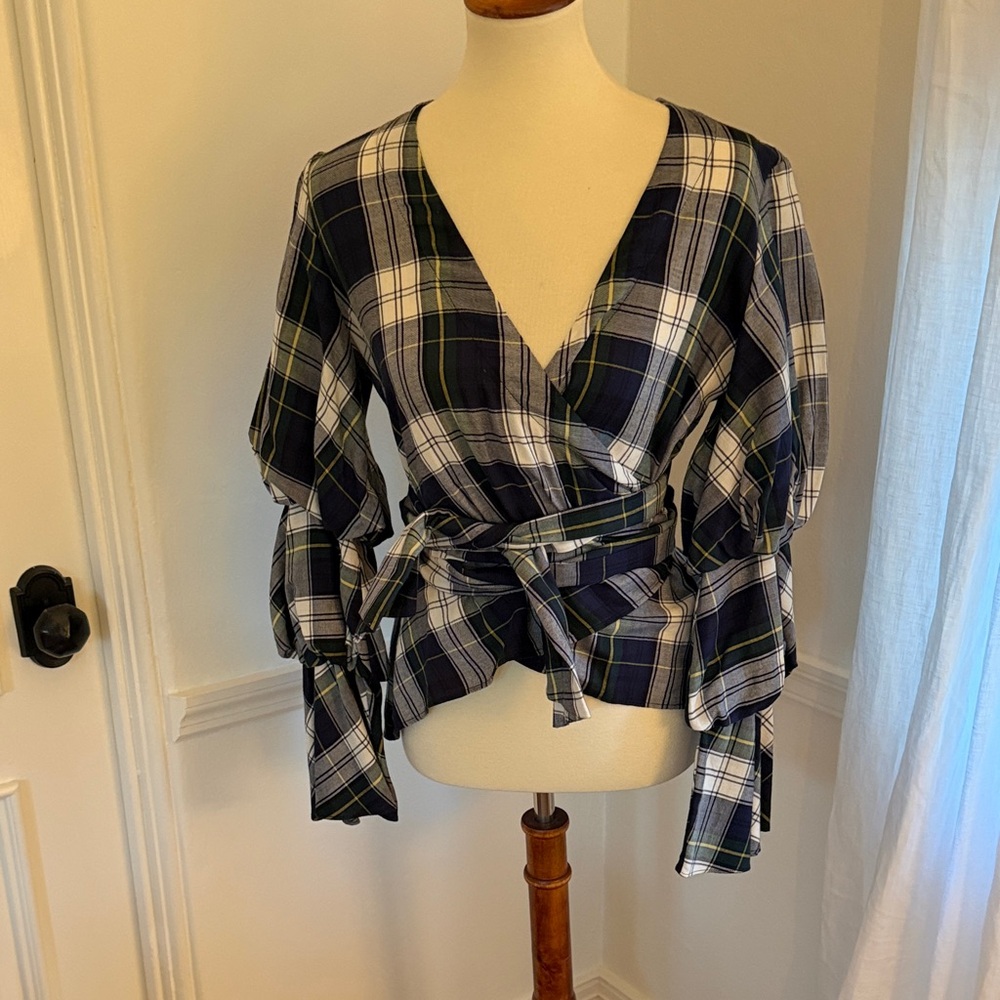 Petersyn Plaid Dexter Puff Sleeve Wrap Top